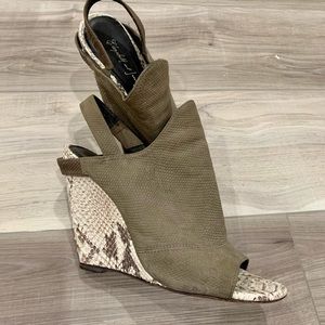 Olive green snakeskin slingback wedge heels